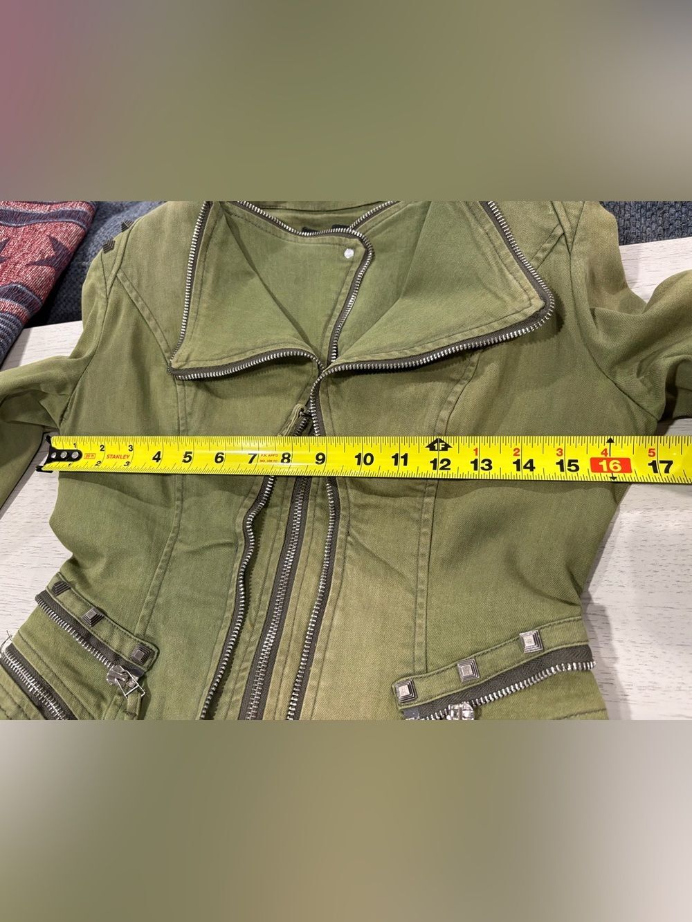 Unique Green Studded Utility Jacket Structured Shoulders and Quilted Sleeves - Picture 13 of 16